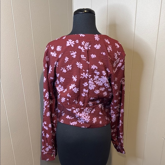 NWT Madewell Women’s Medium Red Cropped Pleated Blouse Fitted Long Sleeve - Picture 4 of 5